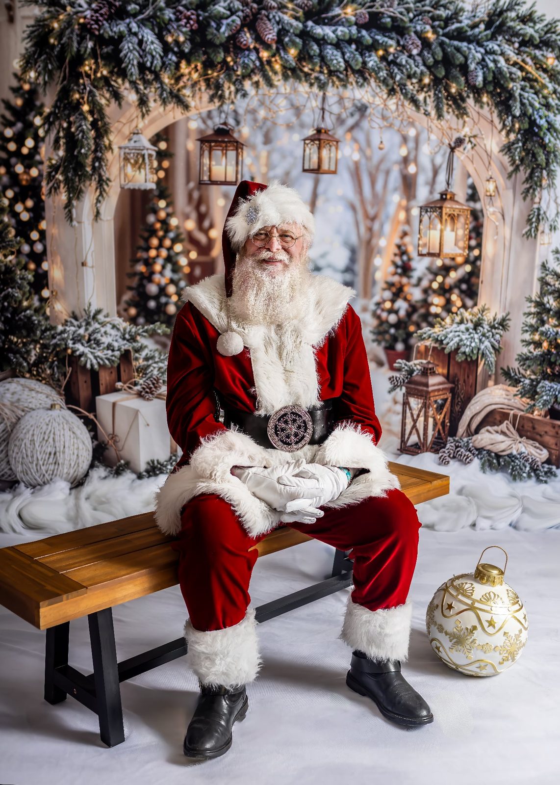 Full-length portrait of Santa Michael on a bench